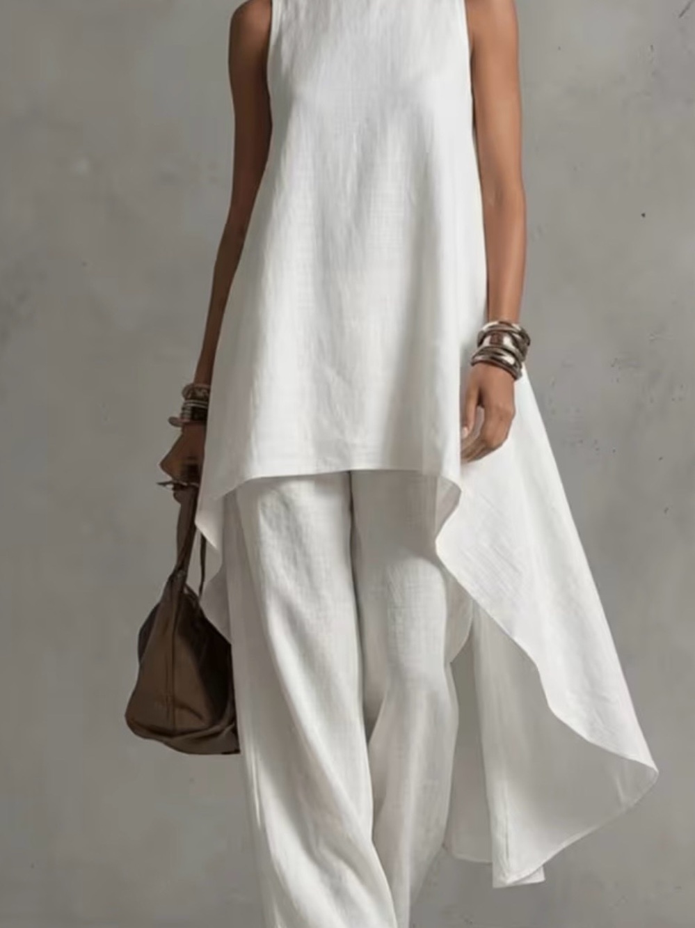 Women’s White High-Low Tunic & Wide-Leg Pants Set Sleeveless - Picture 2 of 9
